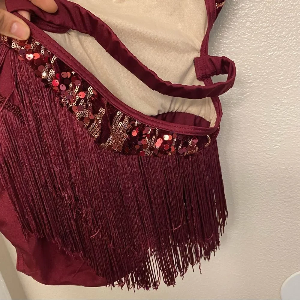 WEISSMAN Elite Dance Costume burgundy red sequin fringe Belong D13198 SA